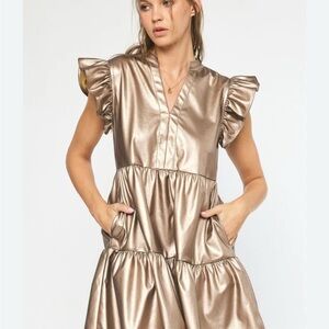 Gold Tiered Faux Leather Ruffle Mini Dress with V-Neck
